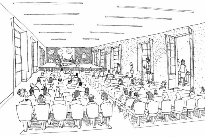Façade intérieure et espaces d'exposition du projet Croix-Baragnon par AIM Projets.