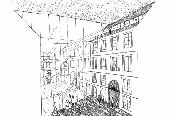 Façade intérieure et espaces d'exposition du projet Croix-Baragnon par AIM Projets.